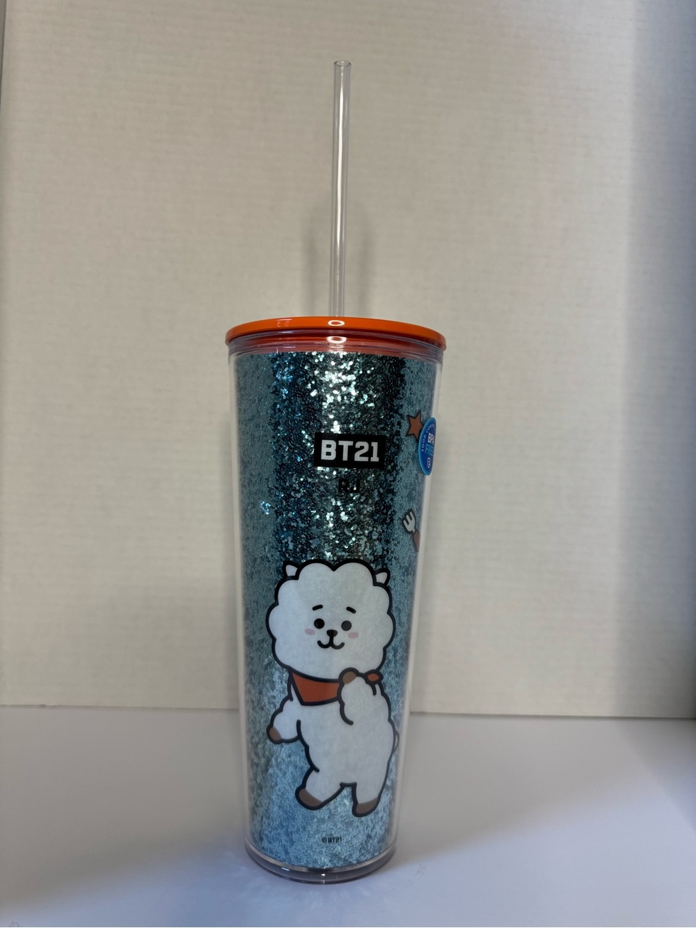 BT21 RJ Blue Glitter Double-Wall Tumbler with Straw